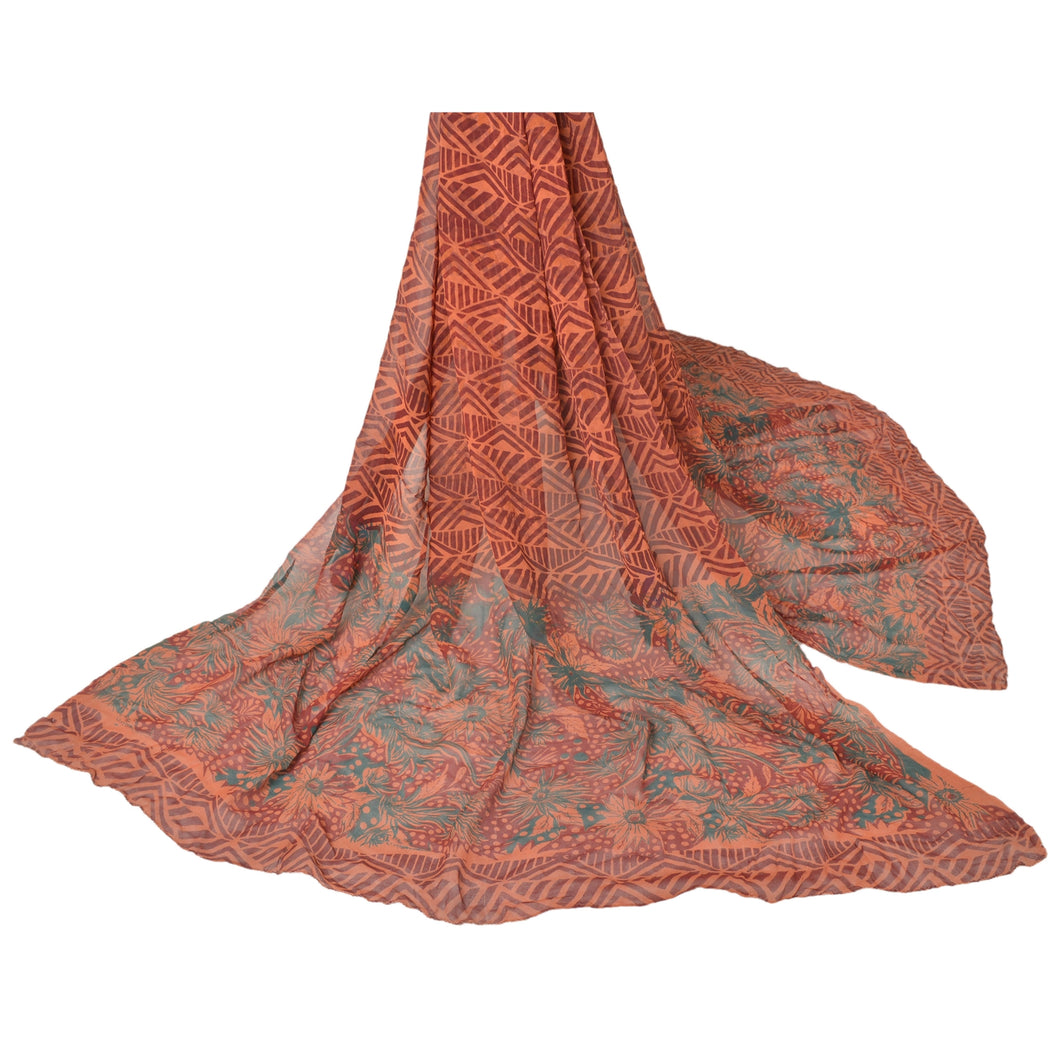 Dupatta Long Stole Pure Georgette Silk Peach Printed Veil