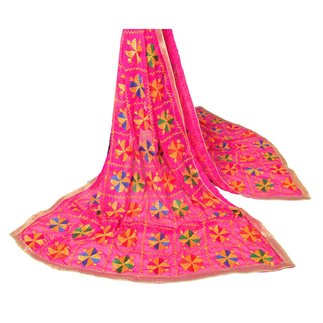 Sanskriti Vintage Dupatta Long Stole Ooak Pink Embroidered Bagh Phulkari Shawl
