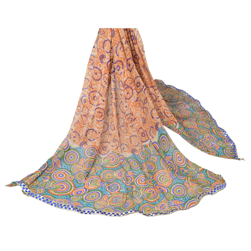 Sanskriti Vintage Dupatta Long Scarf Pure Georgette Silk Cream Shawl Abstract Print Indian Heritage Craft Supplies Used Neck/Head scarf