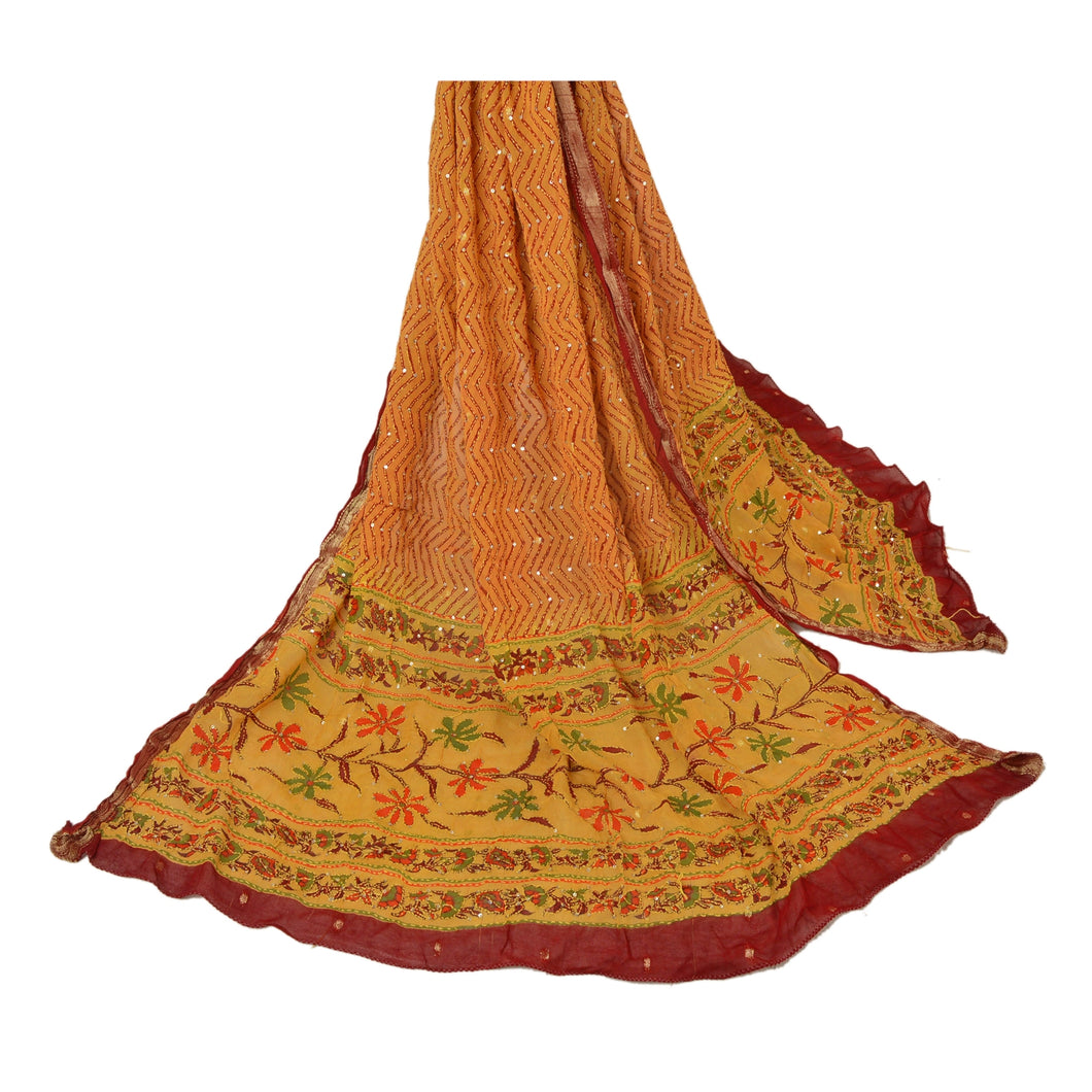 Sanskriti Vintage Dupatta Long Stole Blend Cotton Yellow Hand Embroidered Kantha