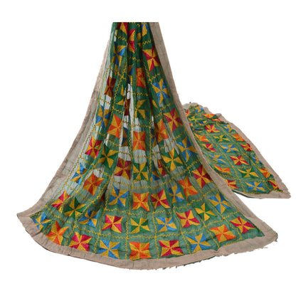 Sanskriti Vintage Dupatta Long Stole Ooak Green Embroidered Bagh Phulkari Shawl