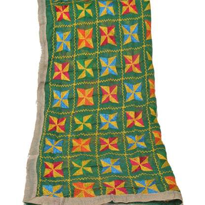 Sanskriti Vintage Dupatta Long Stole Ooak Green Embroidered Bagh Phulkari Shawl