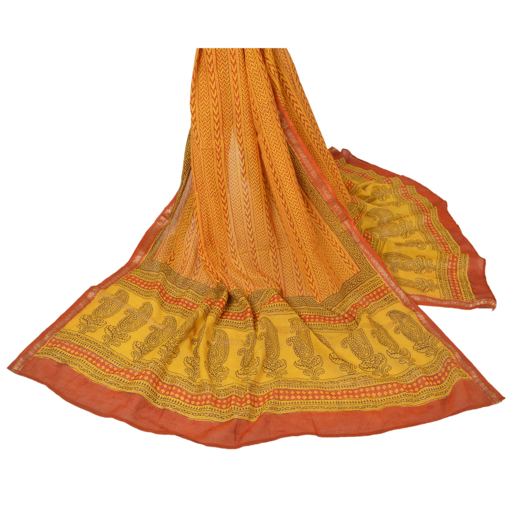 Sanskriti Vintage Dupatta Long Stole Pure Chanderi Silk Yellow Block Printed