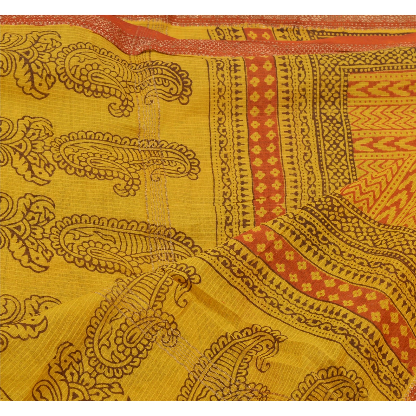 Sanskriti Vintage Yellow Dupatta Long Scarf Pure Cotton Hand Block Floral Printed Wrap Veil Bohemian Fabric For Dressmaking, Craft Supplie