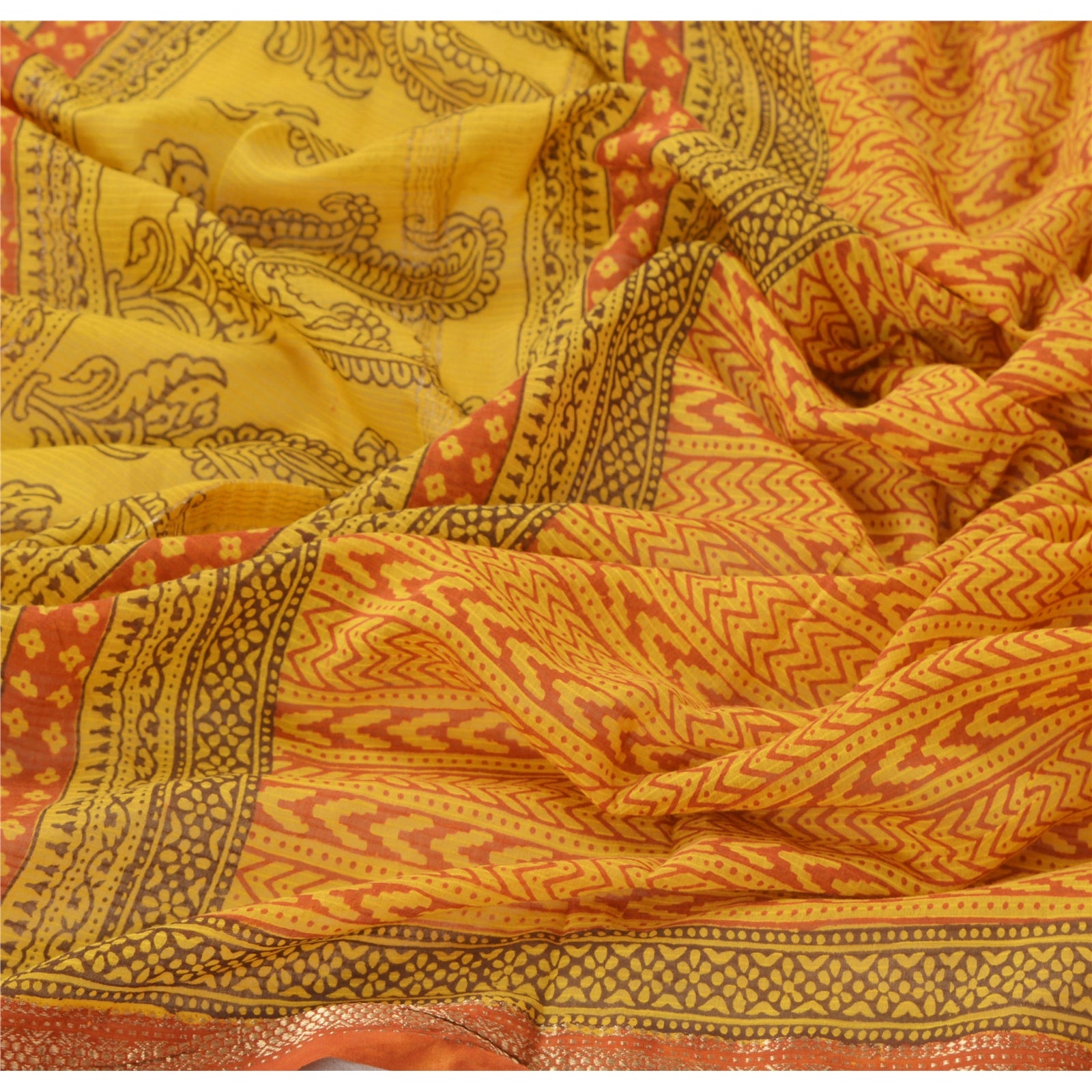 Sanskriti Vintage Yellow Dupatta Long Scarf Pure Cotton Hand Block Floral Printed Wrap Veil Bohemian Fabric For Dressmaking, Craft Supplie