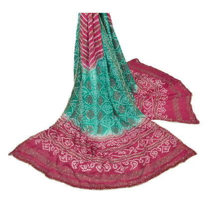 Sanskriti Vintage Dupatta Long Stole Art Silk Green Bandhani Hijab Painted Shawl