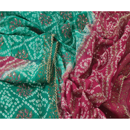 Sanskriti Vintage Dupatta Long Stole Art Silk Green Bandhani Hijab Painted Shawl