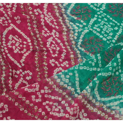 Sanskriti Vintage Dupatta Long Stole Art Silk Green Bandhani Hijab Painted Shawl