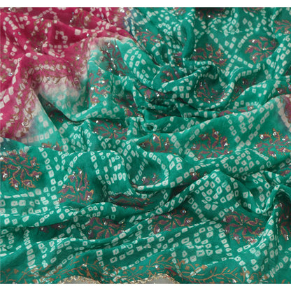 Sanskriti Vintage Dupatta Long Stole Art Silk Green Bandhani Hijab Painted Shawl