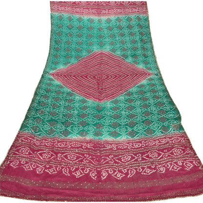 Sanskriti Vintage Dupatta Long Stole Art Silk Green Bandhani Hijab Painted Shawl