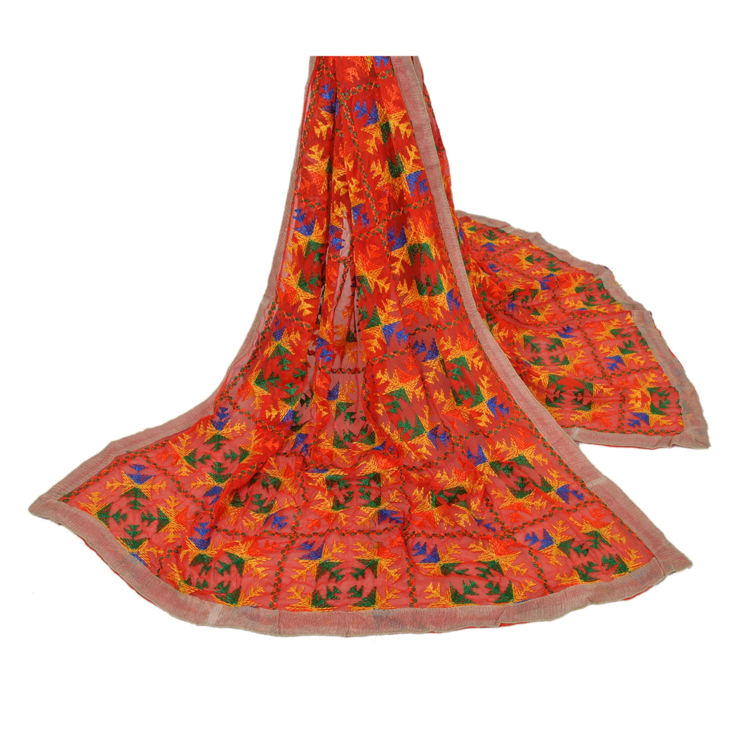 Dupatta Long Stole Ooak Orange Embroidered Bagh Phulkari Veil