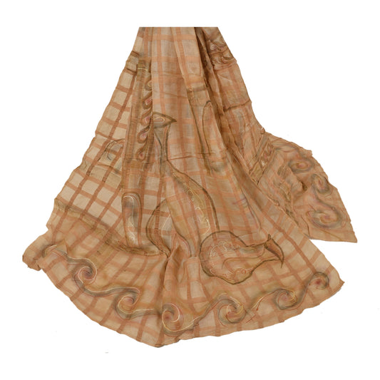 Sanskriti Vintage Dupatta Long Stole Pure Silk Brown Painted Woven Scarves Shawl