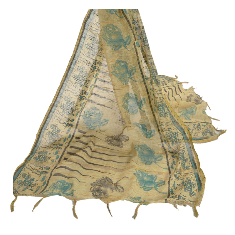 Sanskriti Vintage Dupatta Long Stole Cream Printed Art Silk Wrap  Ecofriendly Craft Supply,Used NeckStole Remnant Fabric