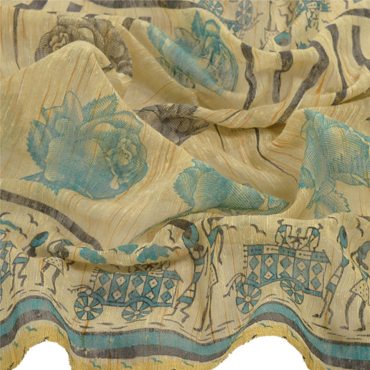 Sanskriti Vintage Dupatta Long Stole Cream Printed Art Silk Scarves Wrap Scarves