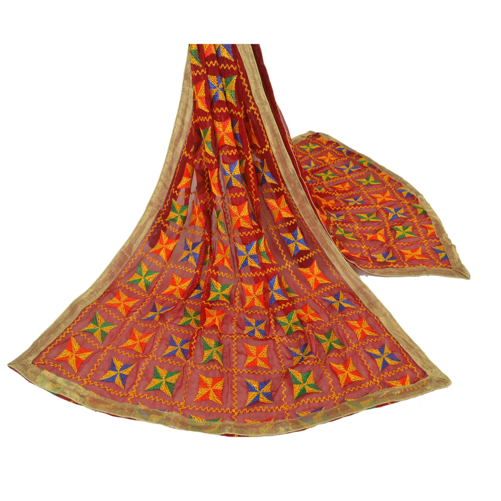 Sanskriti Vintage Dupatta Long Stole Ooak Red Hand Embroidered Bagh Phulkari