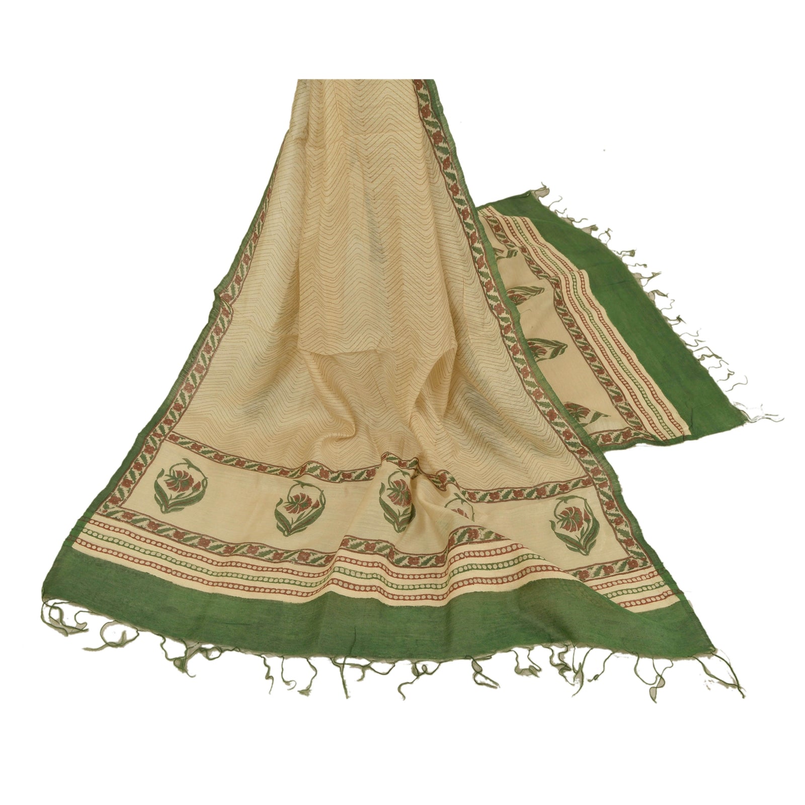 Sanskriti Vintage Ivory Dupatta Stole Pure Handloom Silk Hand Block Printed Veil
