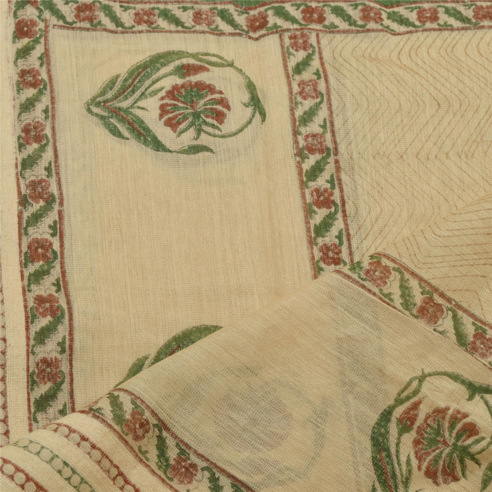 Sanskriti Vintage Ivory Dupatta Stole Pure Handloom Silk Hand Block Printed Veil