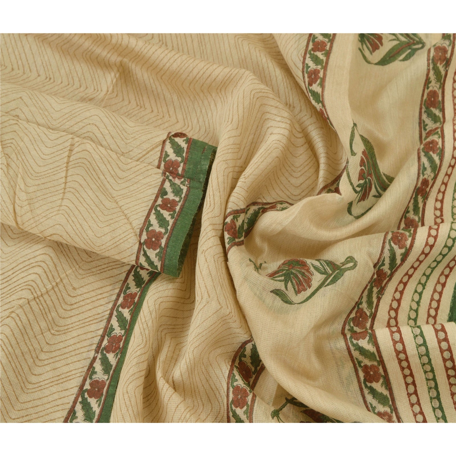 Sanskriti Vintage Ivory Dupatta Stole Pure Handloom Silk Hand Block Printed Veil