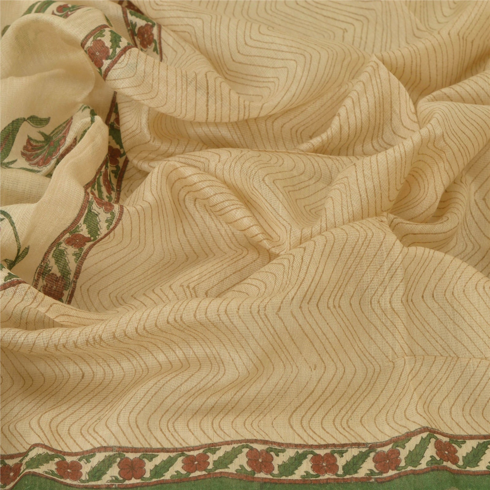 Sanskriti Vintage Ivory Dupatta Stole Pure Handloom Silk Hand Block Printed Veil