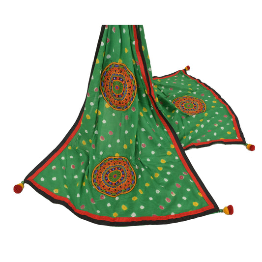Sanskriti Vintage Dupatta Long Stole Pure Cotton Green Bandhani Work Patch Veil