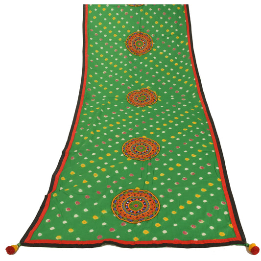 Sanskriti Vintage Dupatta Long Stole Pure Cotton Green Bandhani Work Patch Veil