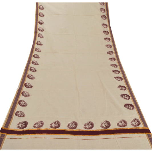 Sanskriti Vintage Dupatta Long Stole Cotton Cream Epic Digital Printed Wrap Veil
