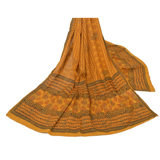 Sanskriti Vintage Dupatta Lang Stole Ren Bomuld Gule Bloktrykte Tørklæder