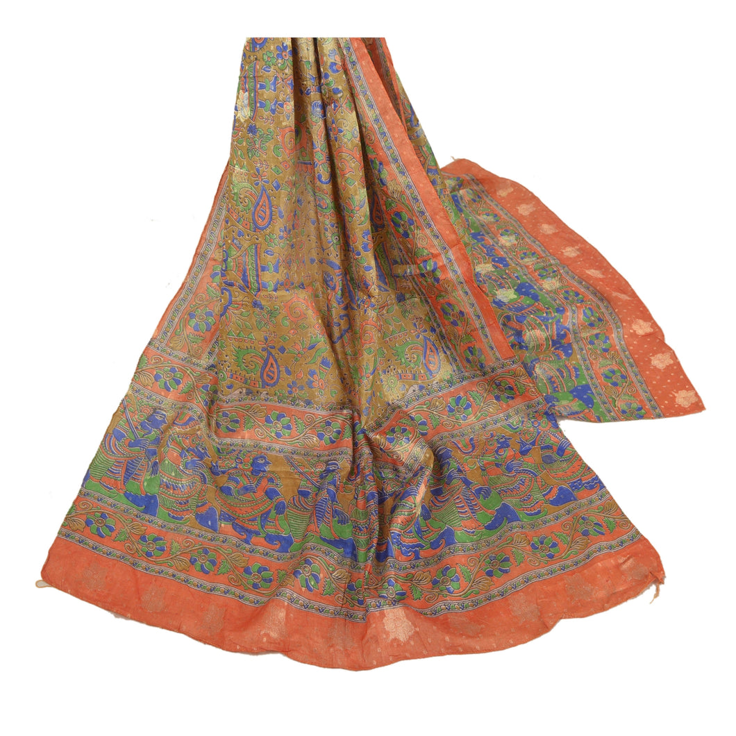 Sanskriti Vintage Dupatta Long Stole Pure Silk Orange Pattachitra Scarves Shawl