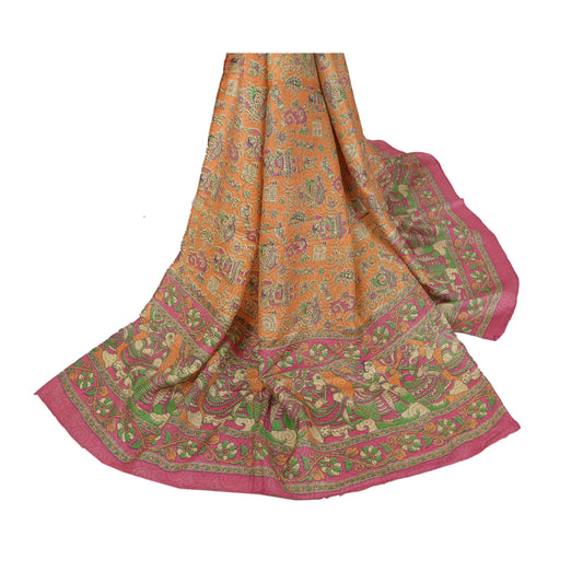 Sanskriti Vintage Dupatta Long Stole Pure Silk Orange Pattachitra Scarves Shawl
