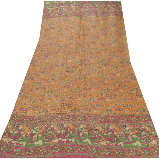 Sanskriti Vintage Dupatta Long Stole Pure Silk Orange Pattachitra Scarves Shawl