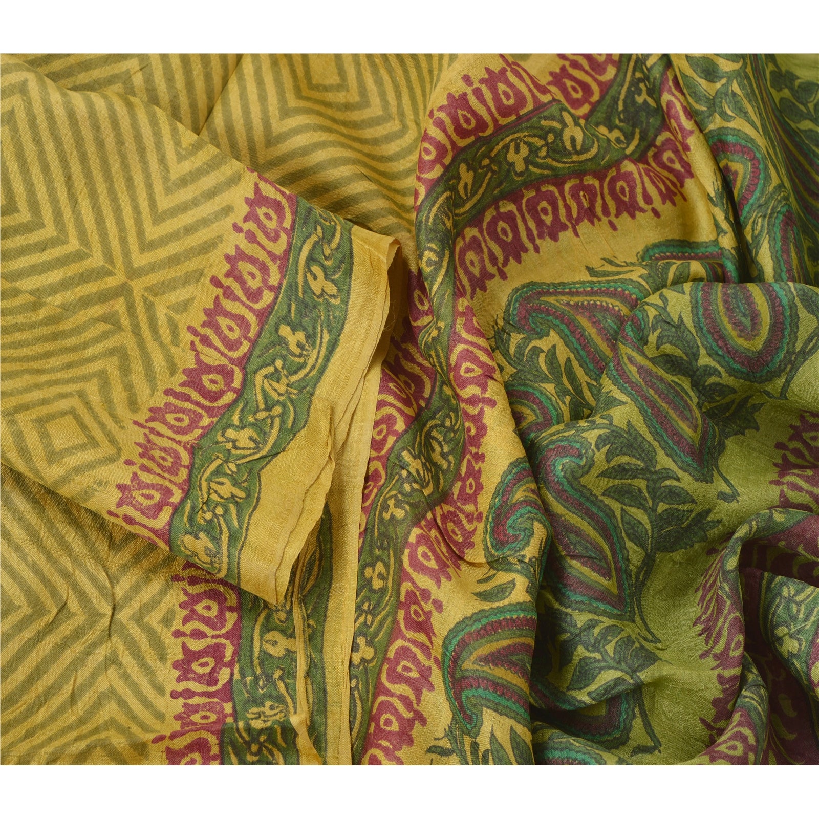 Sanskriti Vintage Dupatta Long Stole Pure Silk Green Hand Block Printed Scarves Wrap Hijab