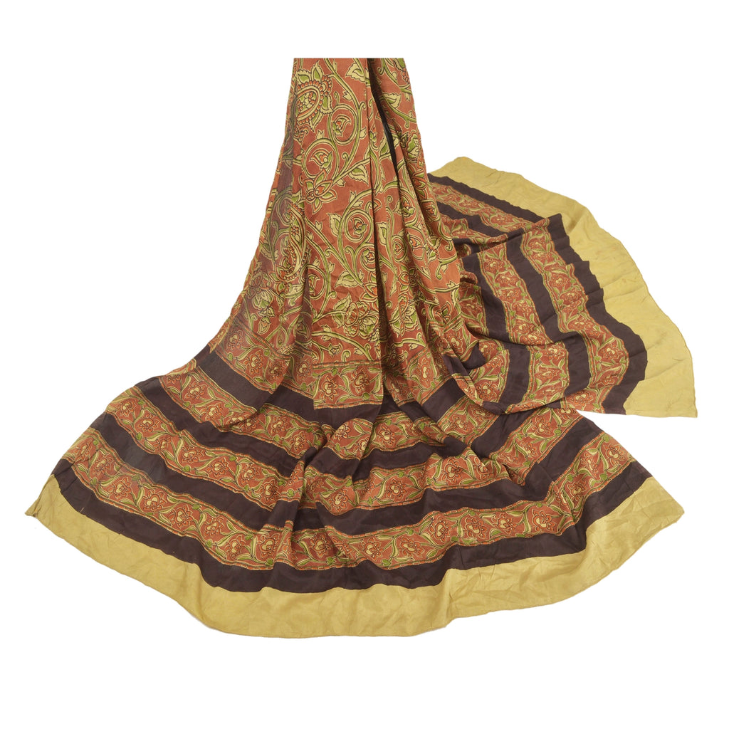 Sanskriti Vintage Floral Printed Silk Dupatta: Green & Brown Long StoleUses-Crafts Sewing Patchwork Home Decor, Bag Making