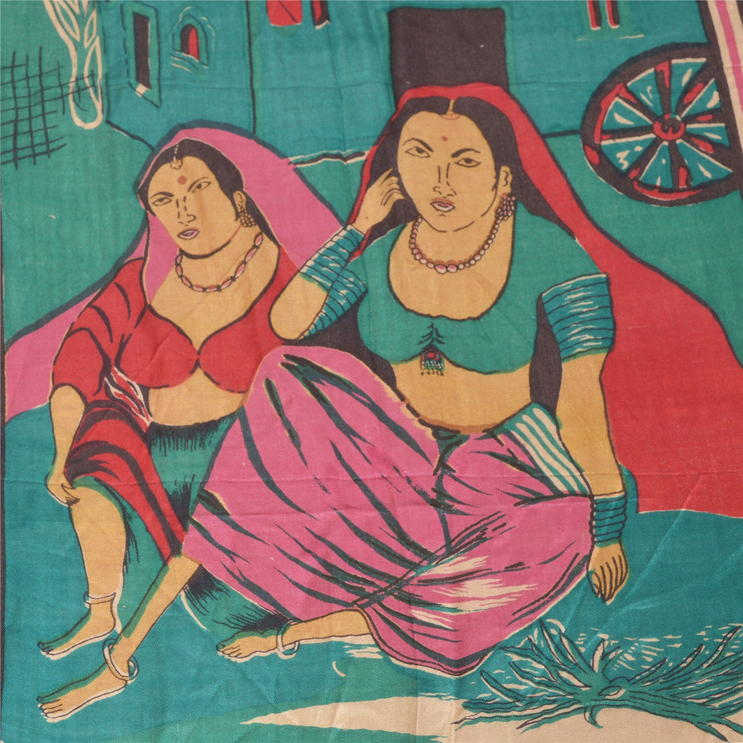 Sanskriti Vintage Dupatta Long Stole Pure Woolen Green Shawl Printed Scarves