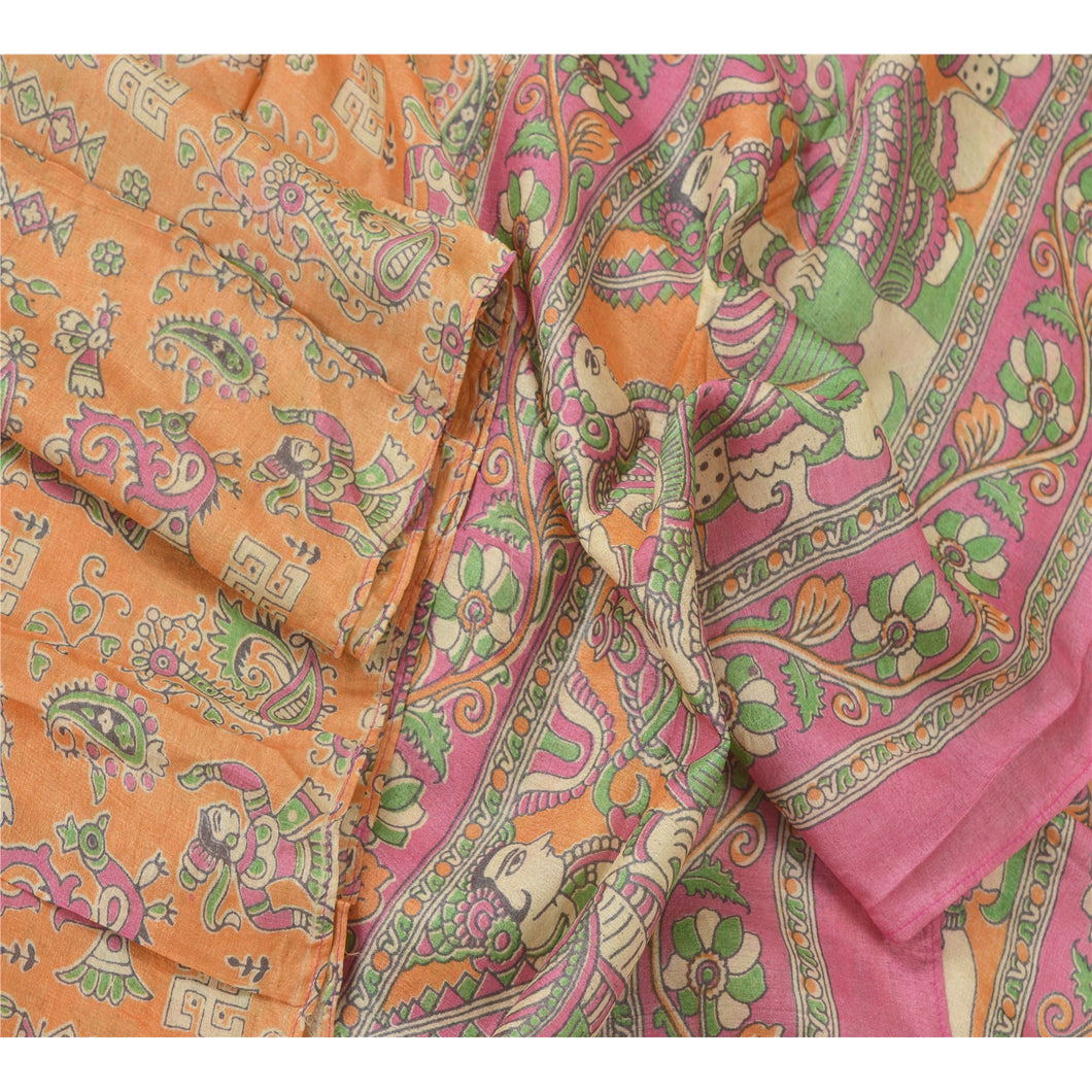 Sanskriti Vinatage Sanskriti Vintage Dupatta Long Stole Pure Silk Orange Pattachitra Scarves Shawl