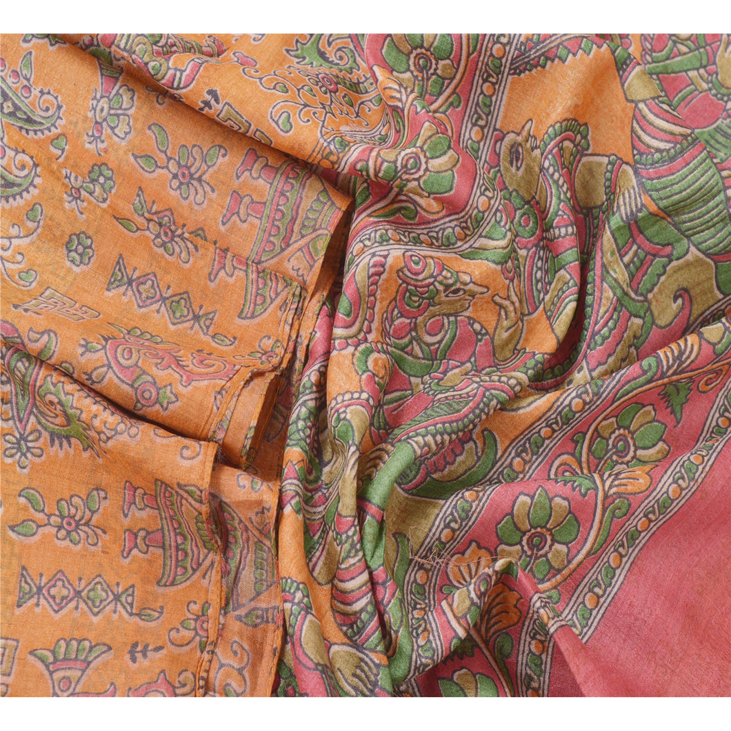 Sanskriti Vintage Dupatta Long Stole Pure Silk Pattachitra Orange Scarves Shawl