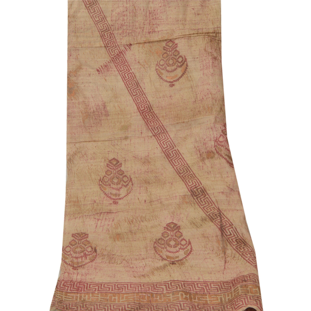 Sanskriti Vinatage Sanskriti Vintage Dupatta Long Stole Pure Silk Cream Block Printed Scarves Veil