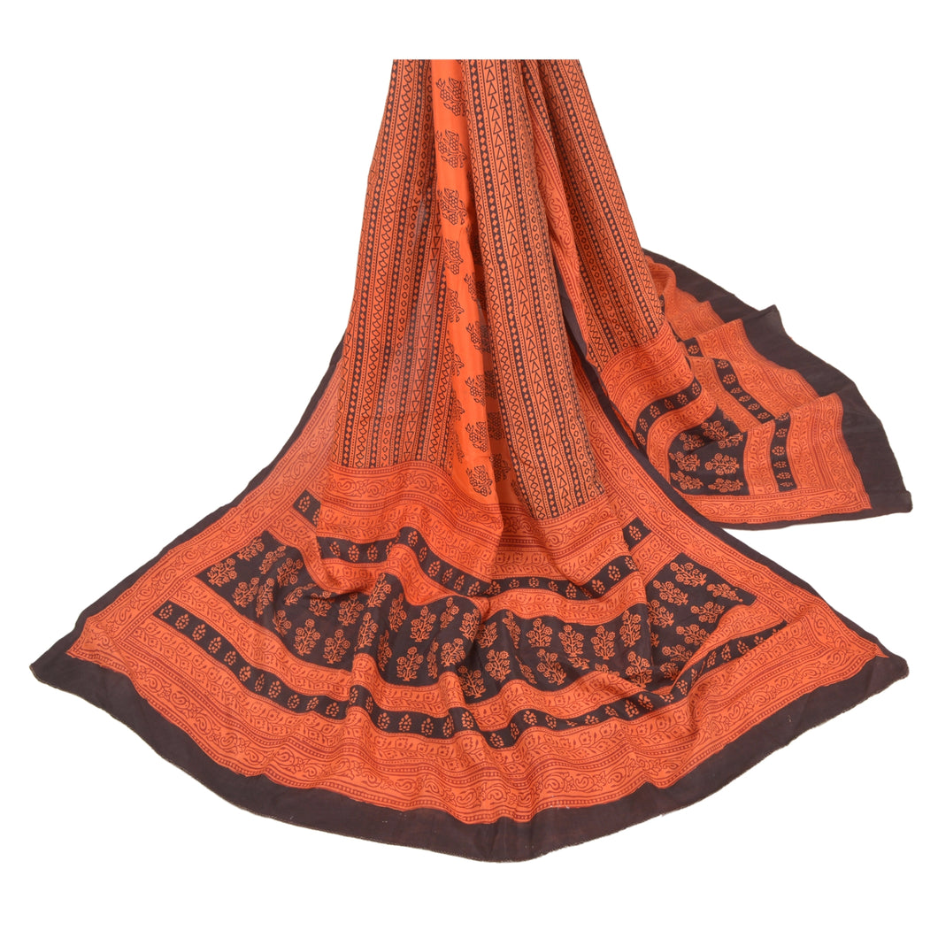 Sanskriti Vintage Dupatta Long Stole Pure Silk Peach Block Printed Scarves Veil