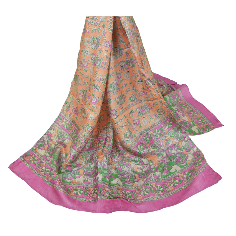 Sanskriti Vintage Dupatta Lang Stola Ren Silke Fersken Pattachitra Tørklæder Sjal