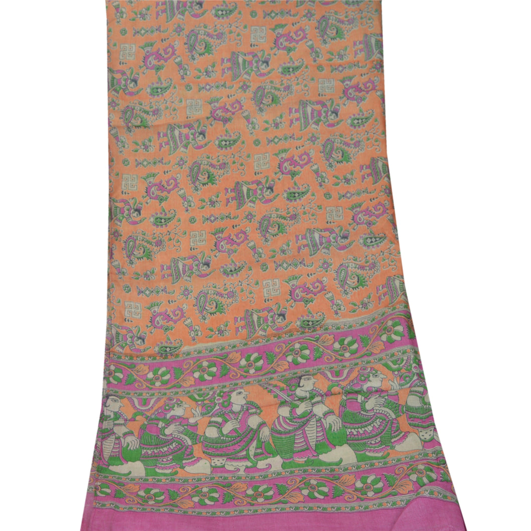 Sanskriti Vintage Dupatta Long Stole Pure Silk Peach Pattachitra Scarves Shawl