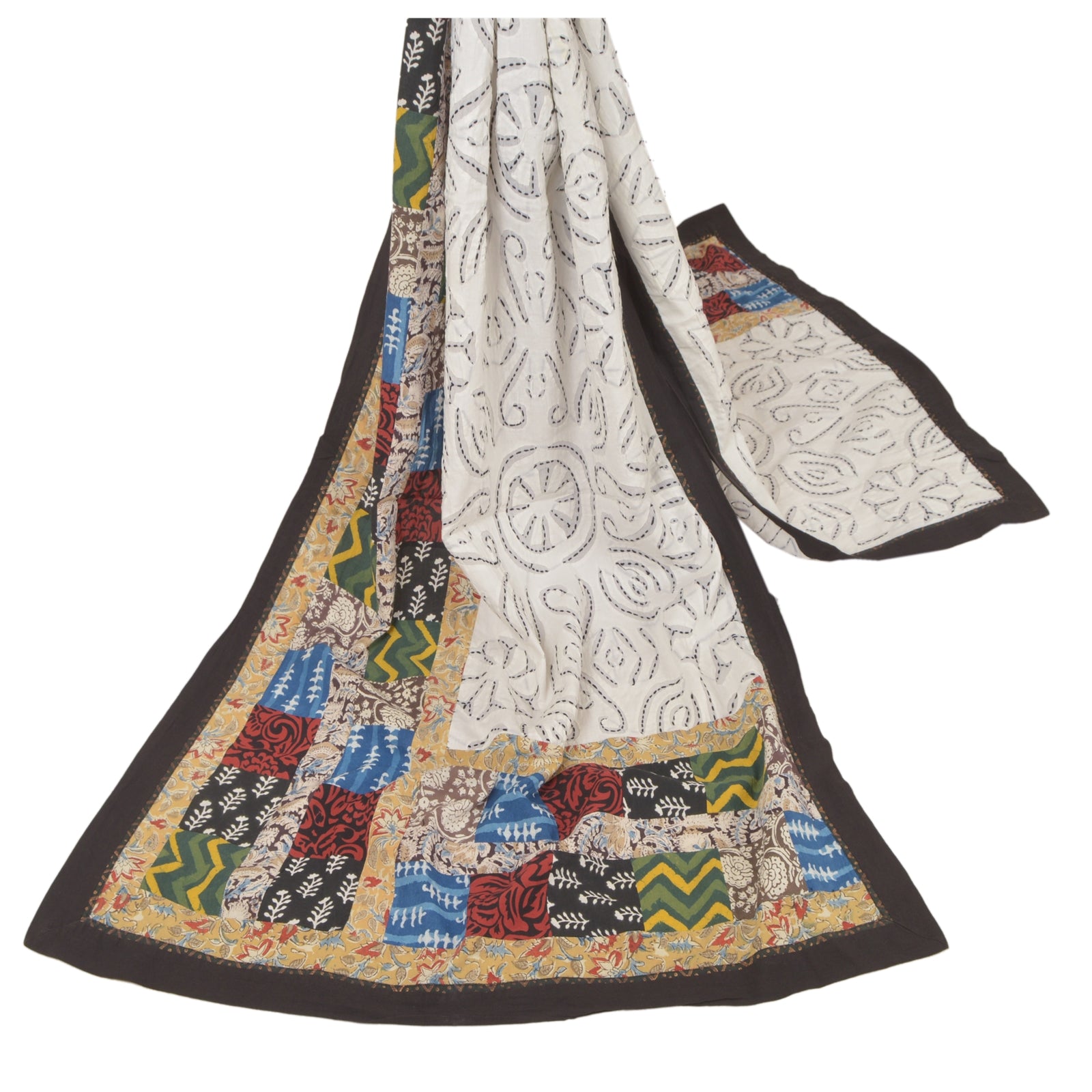 Sanskriti Vintage Dupatta Stole Pure Cotton White Hand Block Printed Kalmakari