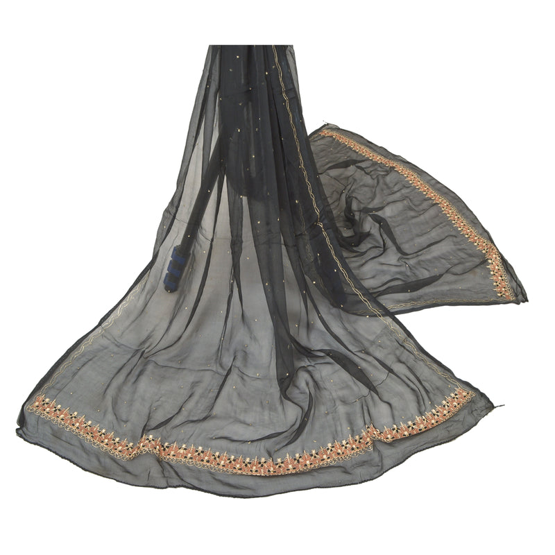 Sanskriti Vintage Vintatage Dupatta Black Pure Chiffon Silk Long Stole Hand Embroidered Zari Zardozi Add-Elegance to Linen, Curtains