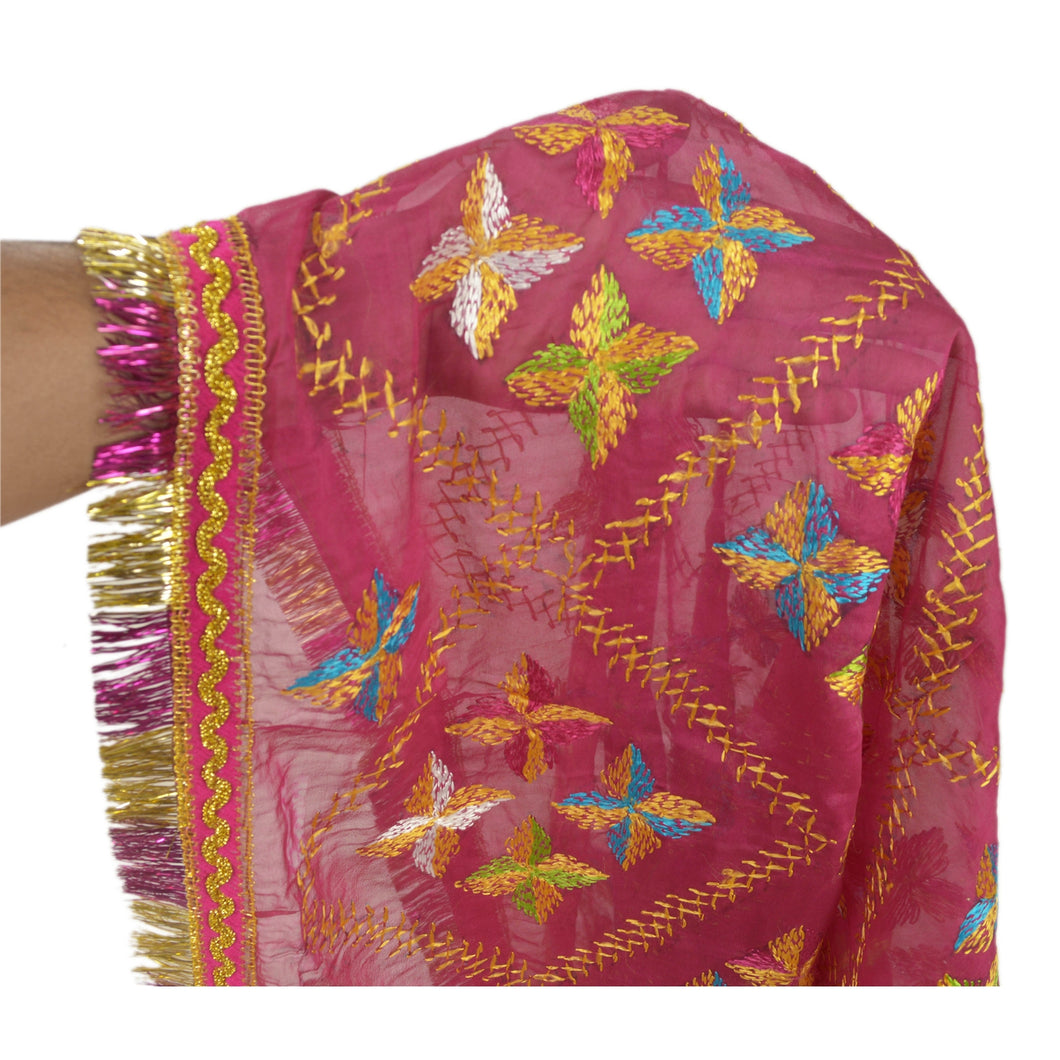 Sanskriti Vinatage Sanskriti Vintage Dupatta Long Stole OOAK Pink Art Silk Hand Embroidery Phulkari