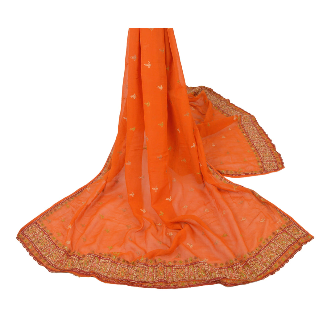 Sanskriti Vinatage Sanskriti Vintage Dupatta Long Stole Pure Greorgette Silk orange Embroidered