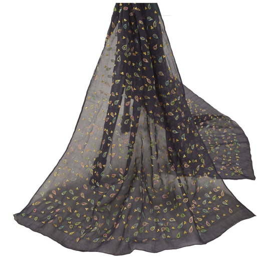 Sanskriti Vintage Dupatta Long Stole 100% Pure Cotton Black Hand Beaded Veil
