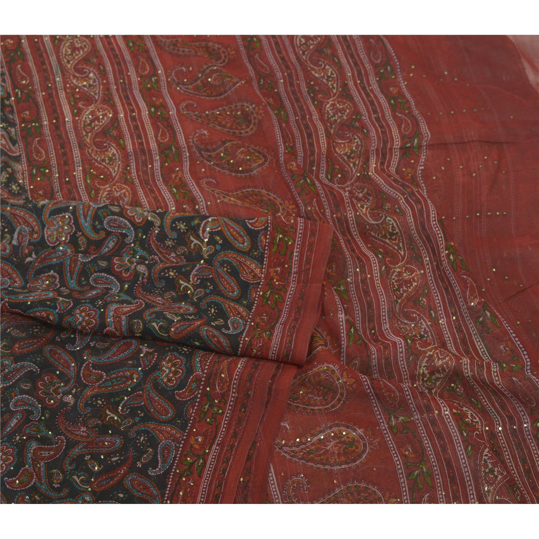 Sanskriti Vintage Dupatta Long Stole Georgette Brick Red Mukesh Work Printed