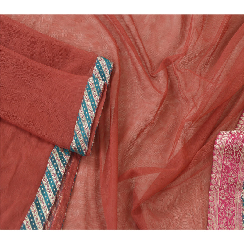 Sanskriti Vintage Dark Red Net Mesh Dupatta Long Brocade Zari Patch Stole Veil