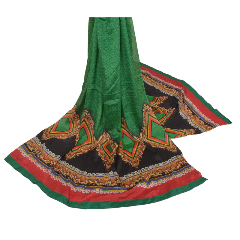Sanskriti Vintage Green Dupatta Long Stole Pure Silk Geometric Digital Printed Uses--Crafts Sewing Patchwork Home Decor, Tops, Projects