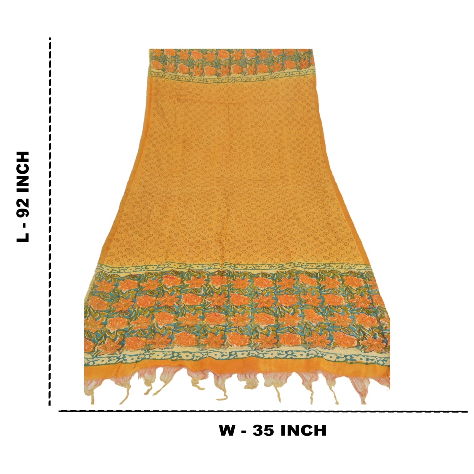 Sanskriti Vintage Vintatge Dupatta Yellow 100% Pure Chanderi Silk Long Stole Hand Block Printed Veil Zari Border Scarf For Crafting, Upcycling,
