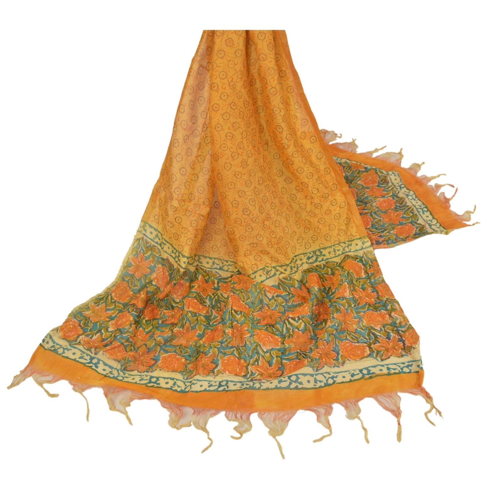 Sanskriti Vintage Vintatge Dupatta Yellow 100% Pure Chanderi Silk Long Stole Hand Block Printed Veil Zari Border Scarf For Crafting, Upcycling,