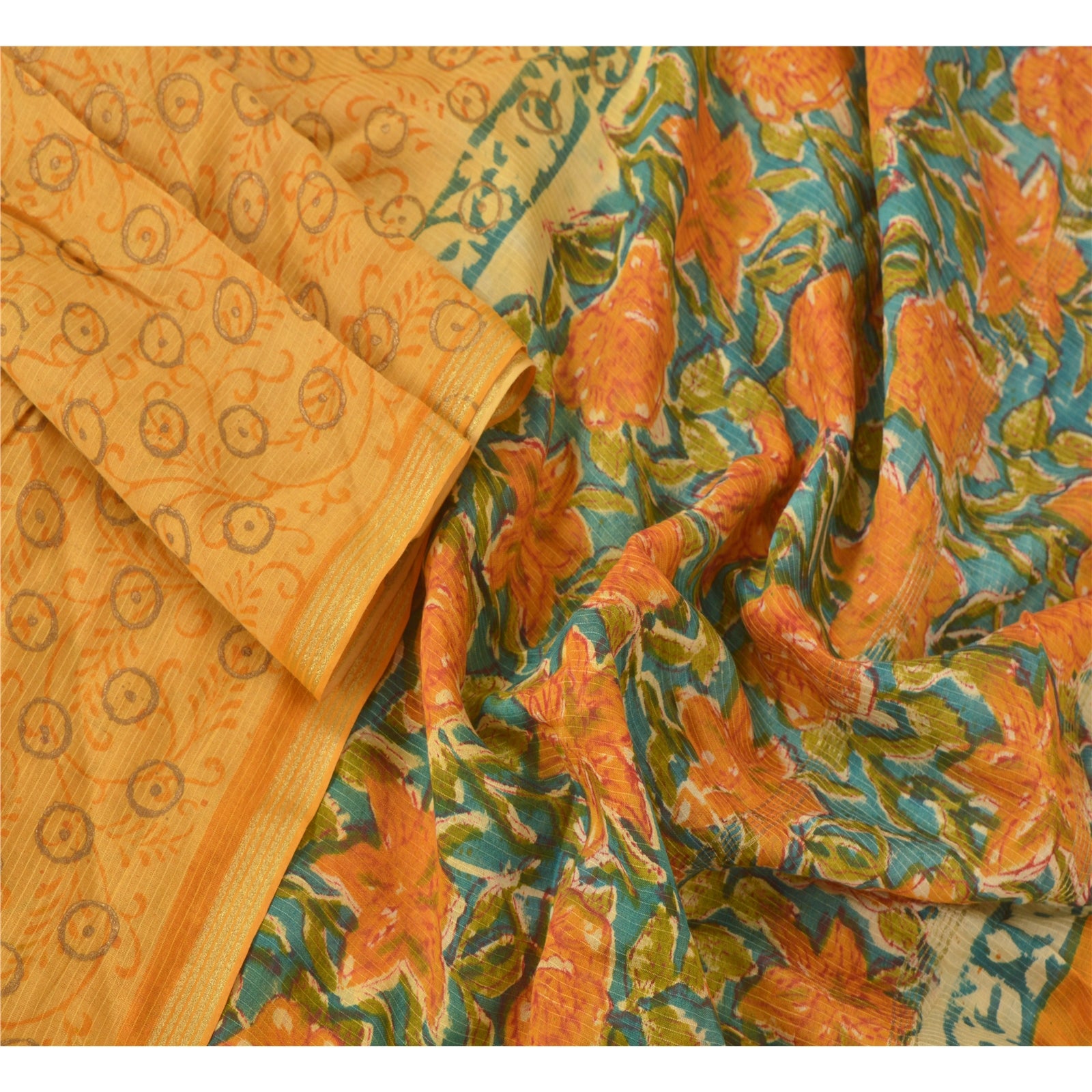 Sanskriti Vintage Vintatge Dupatta Yellow 100% Pure Chanderi Silk Long Stole Hand Block Printed Veil Zari Border Scarf For Crafting, Upcycling,
